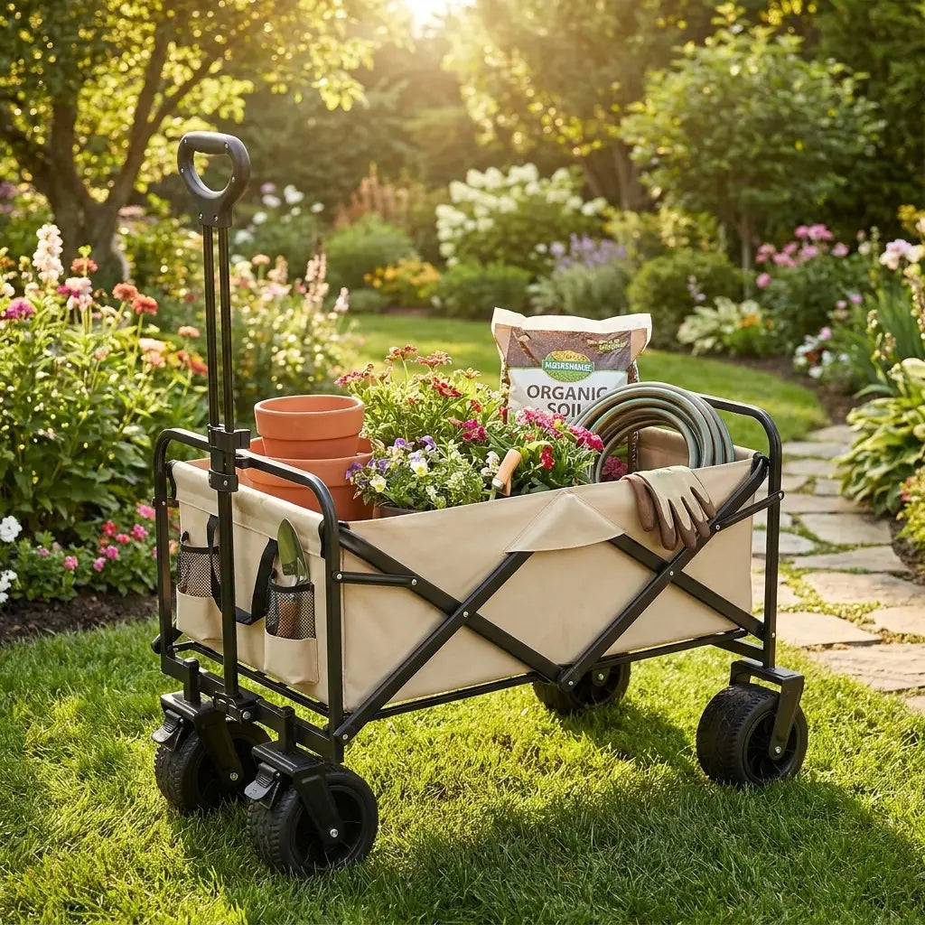 Foldable garden trolley cart in a garden