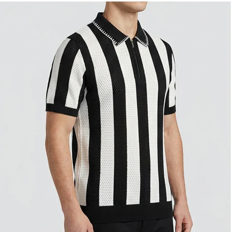 Model wearing Black Knit Polo Shirt in studio - 2