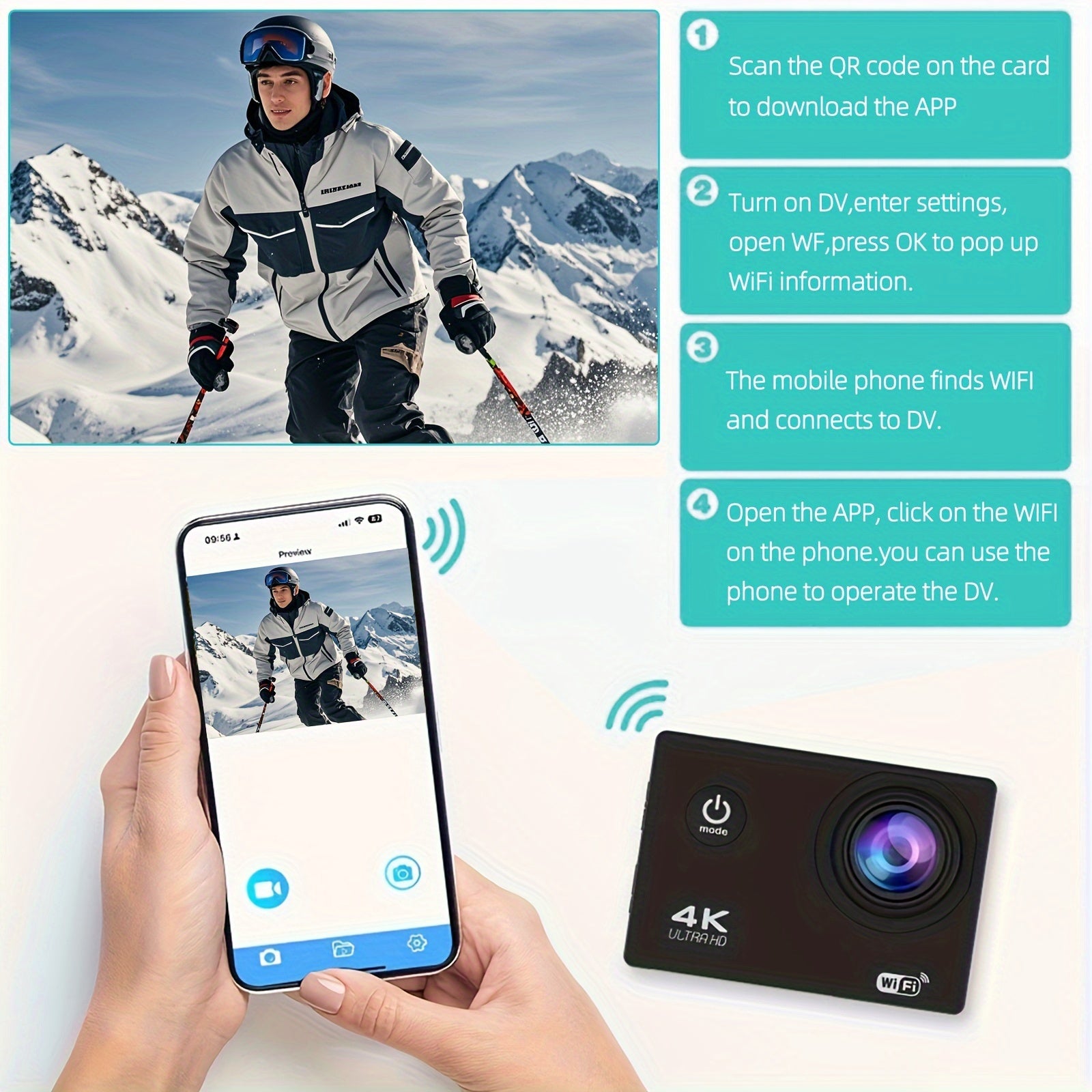 Action Camera with WiFi & 170° Lens — Waterproof Sports Cam Kit