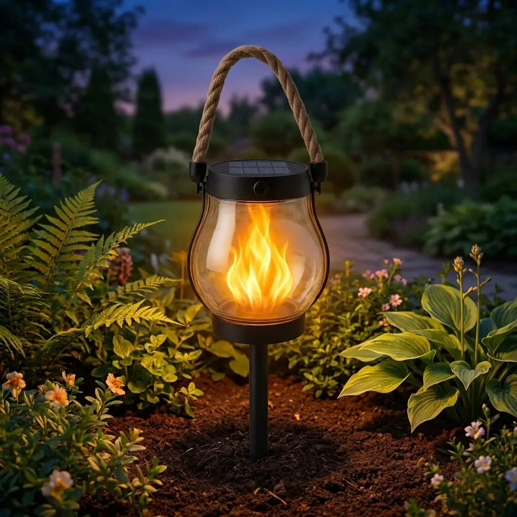 Solar flame torch light in a garden at dusk