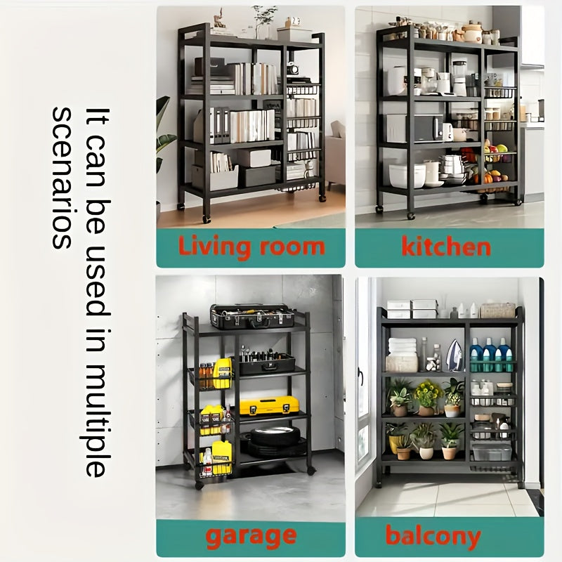 4-Tier Rolling Storage Rack — Metal Shelf with Wire Baskets & Wheels