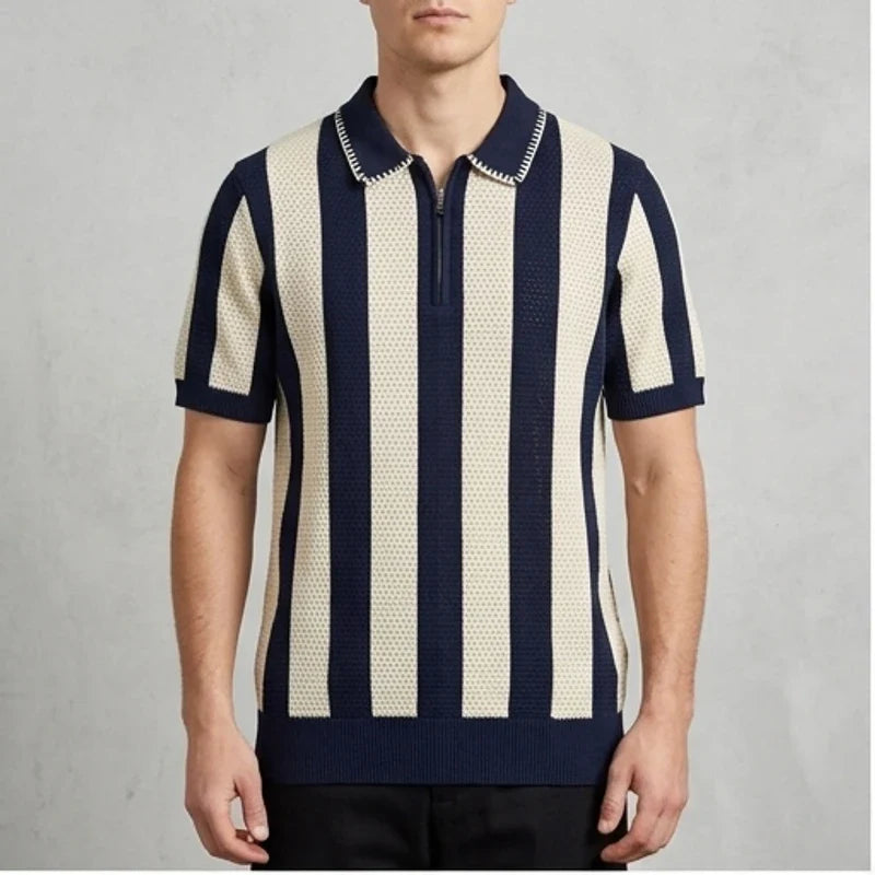 Model wearing Blue Knit Polo Shirt in studio
