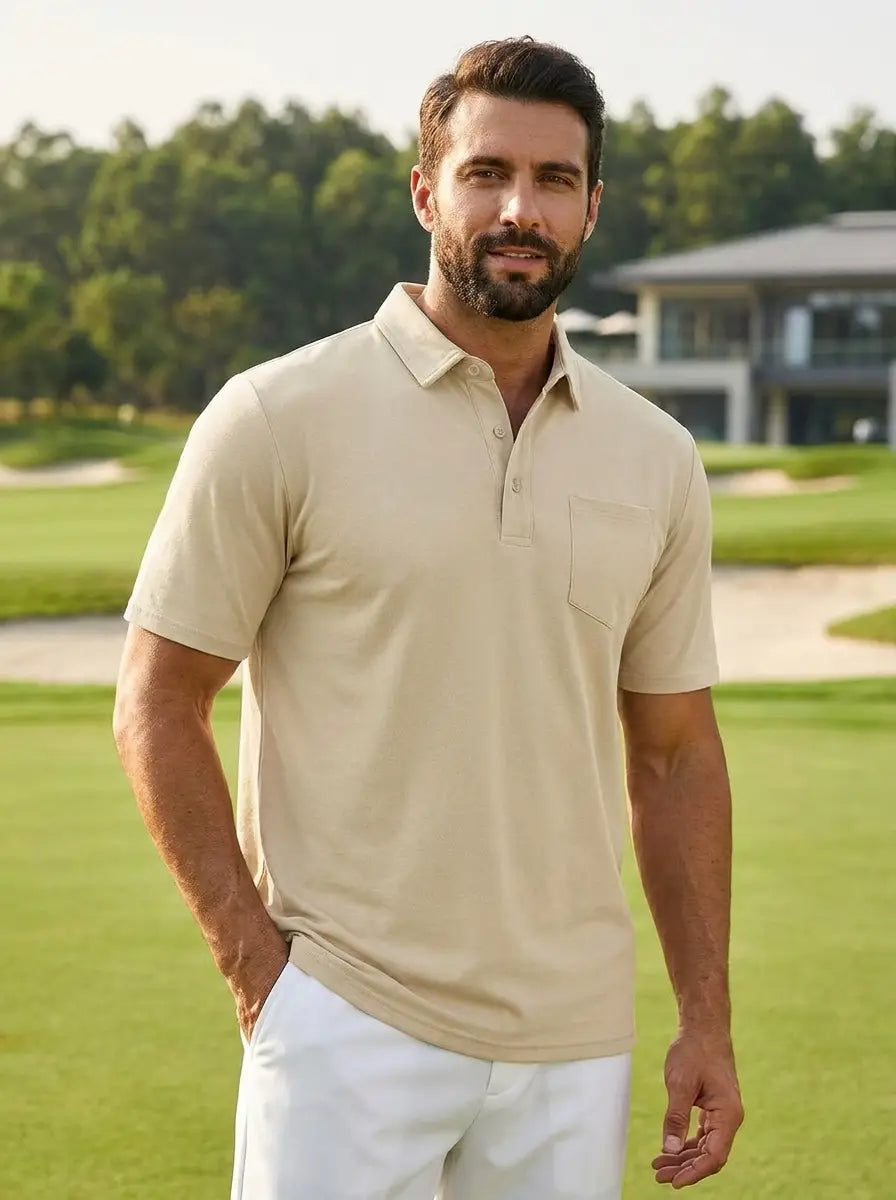 Man wearing cotton golf polo shirt