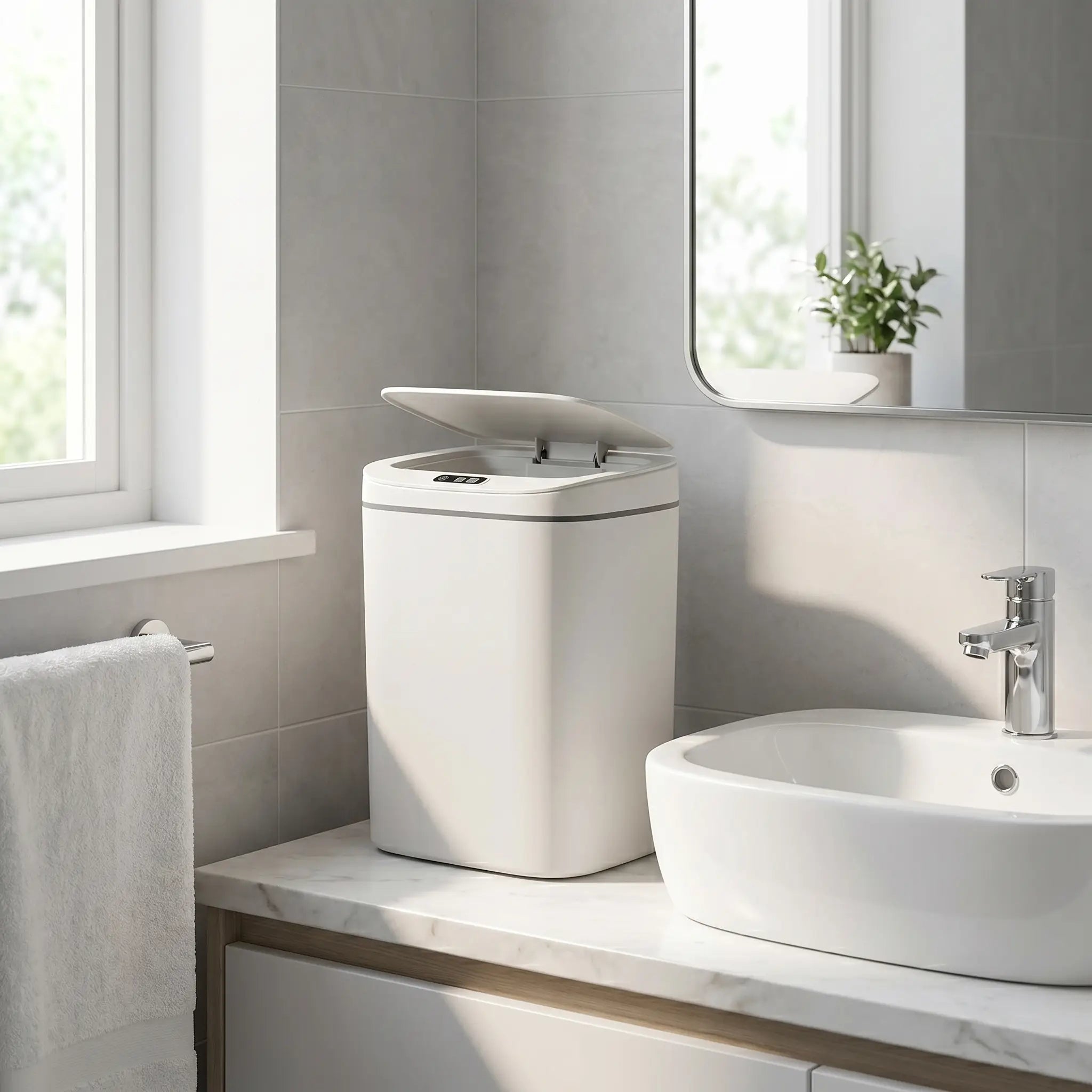 Hands-free smart trash can in a modern bathroom