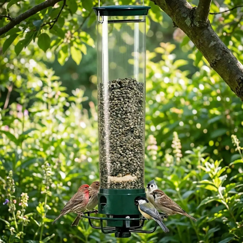 Squirrel-proof bird feeder in a garden