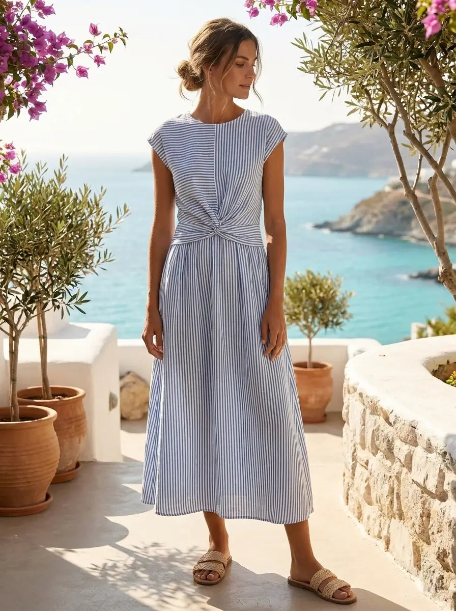 Model in Belgian linen twist-front midi dress