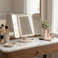LED vanity mirror with adjustable studio lighting on a makeup vanity table