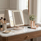 LED vanity mirror with adjustable studio lighting on a makeup vanity table