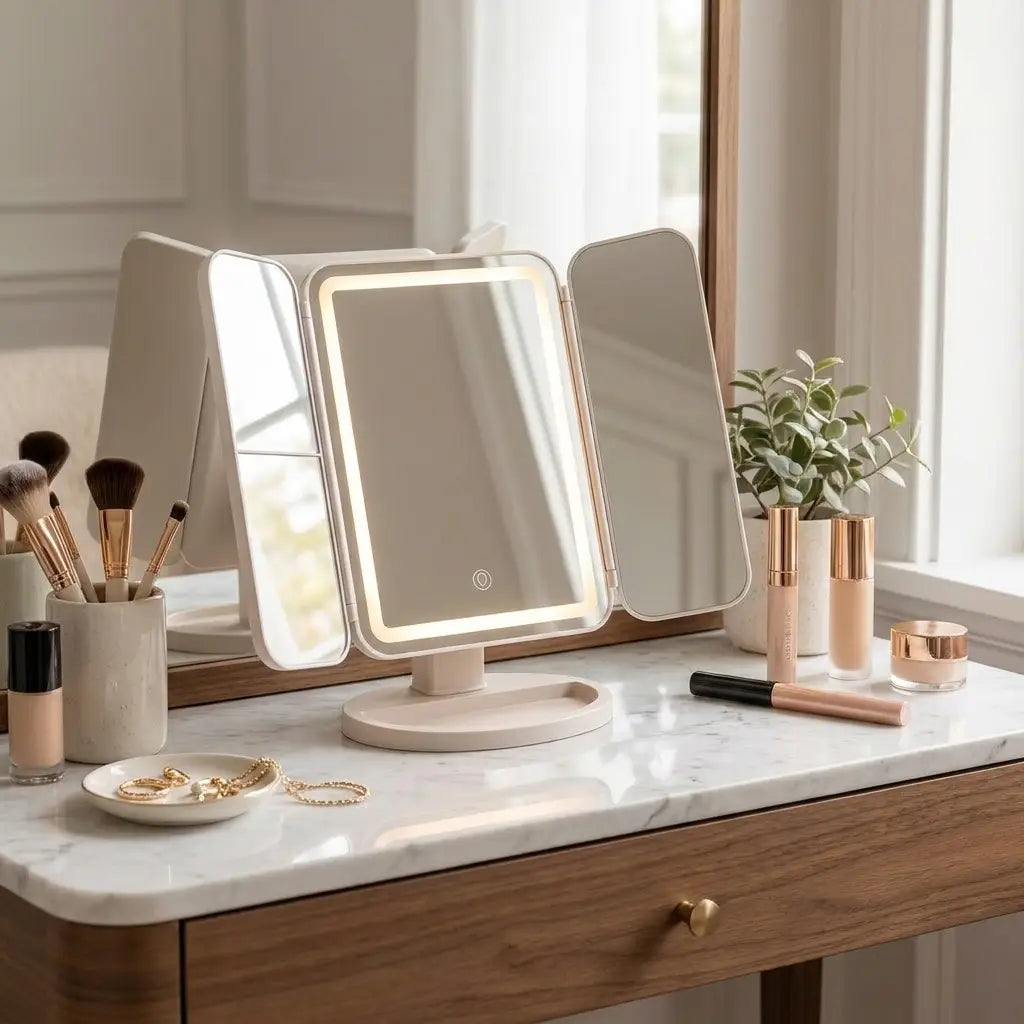 LED vanity mirror with adjustable studio lighting on a makeup vanity table