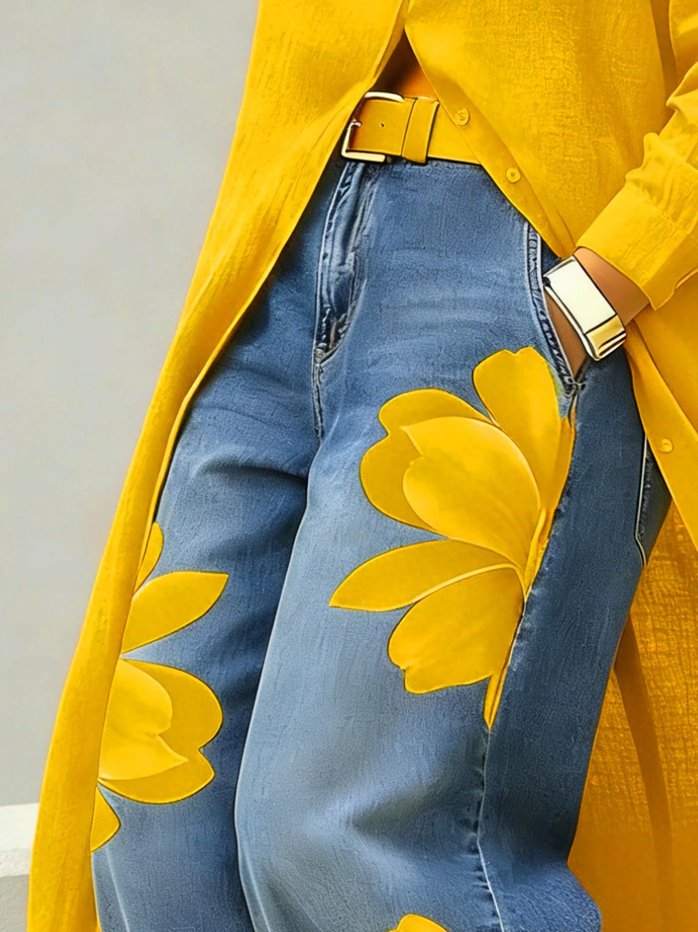 Floral-print wide-leg jeans detail