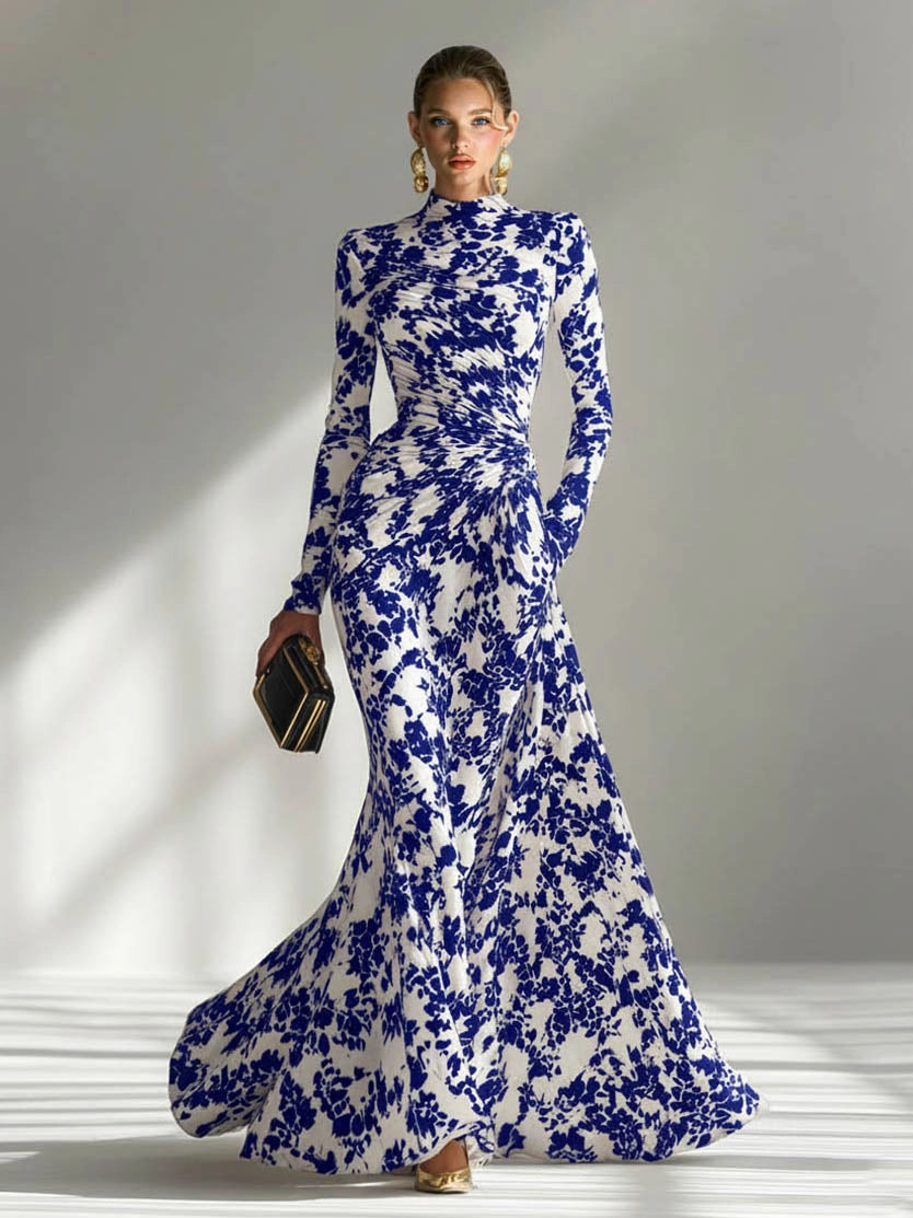Model wearing the abstract floral mermaid maxi dress in Black