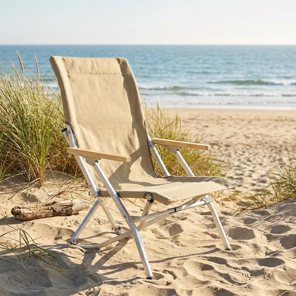 Low folding beach chair on sand