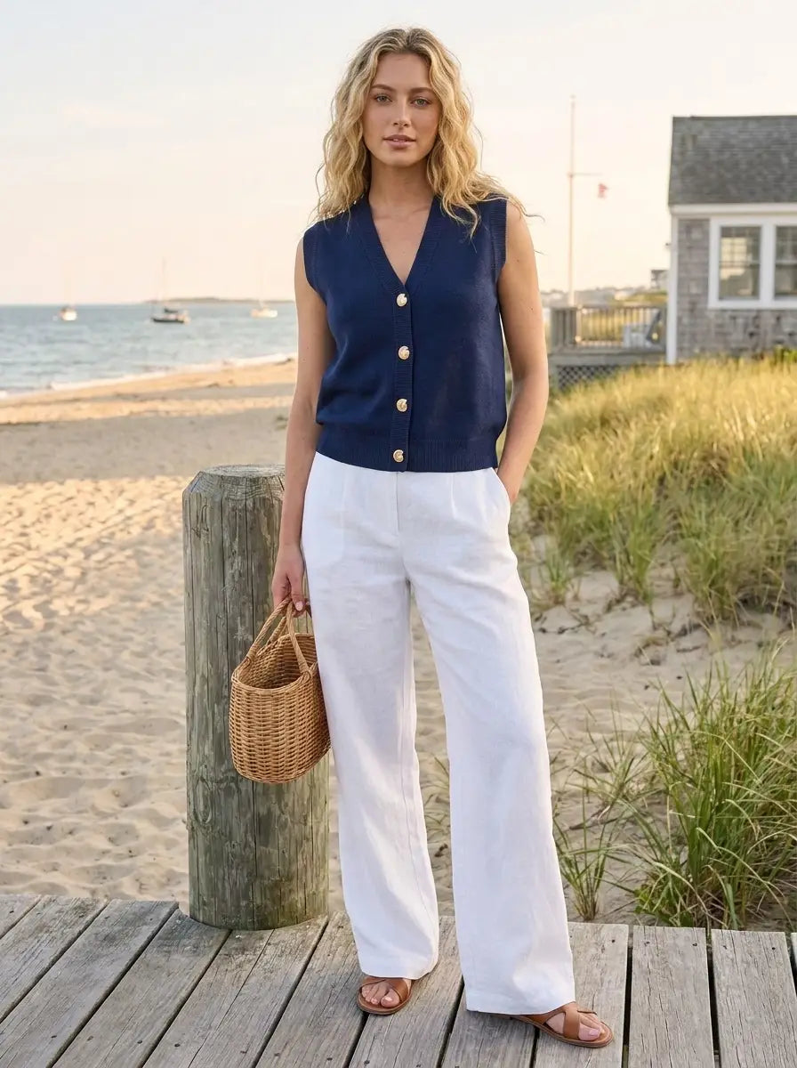 Model in navy knit sweater vest with gold shell buttons
