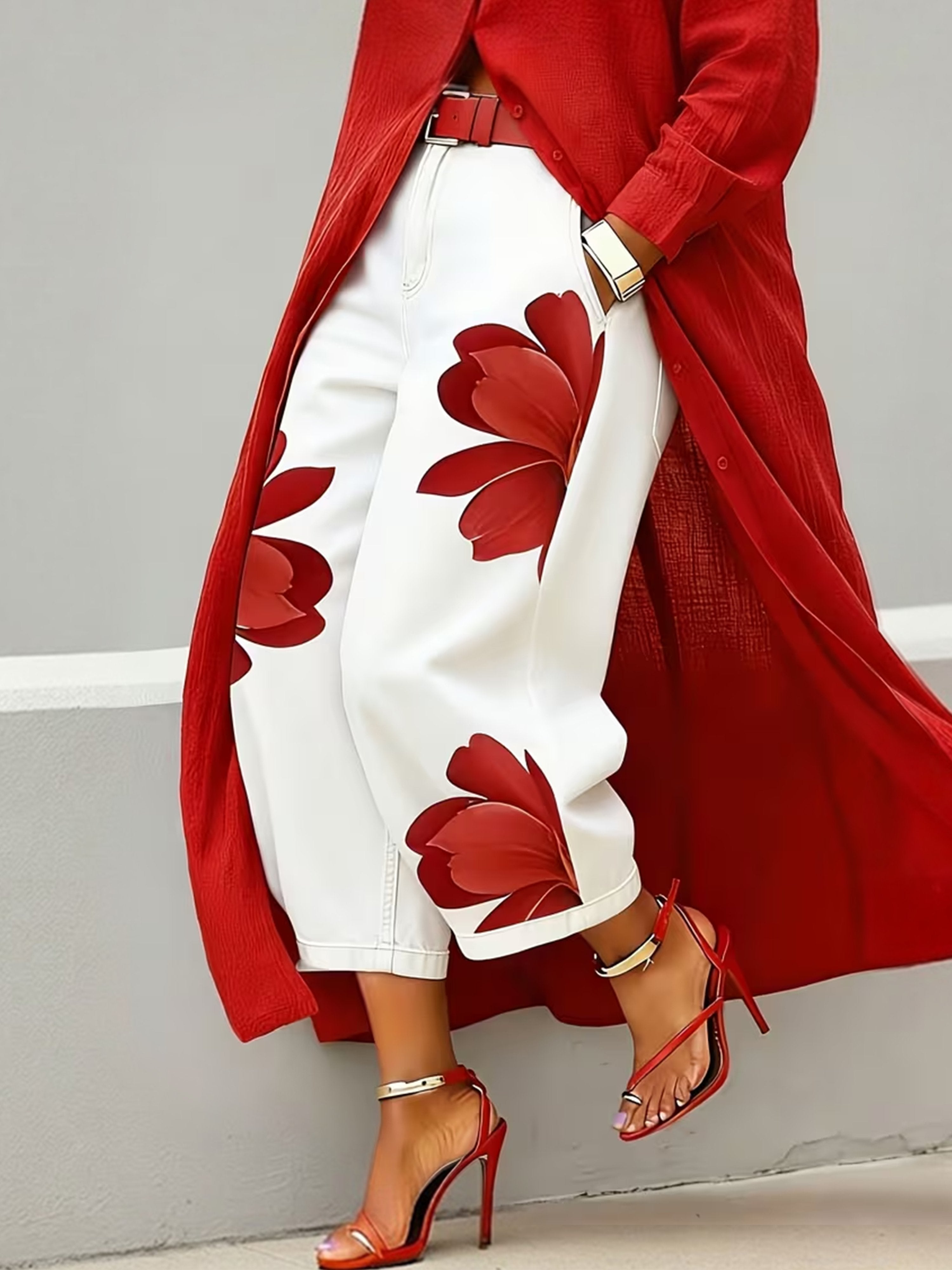 Floral-print high-waist wide-leg jeans White