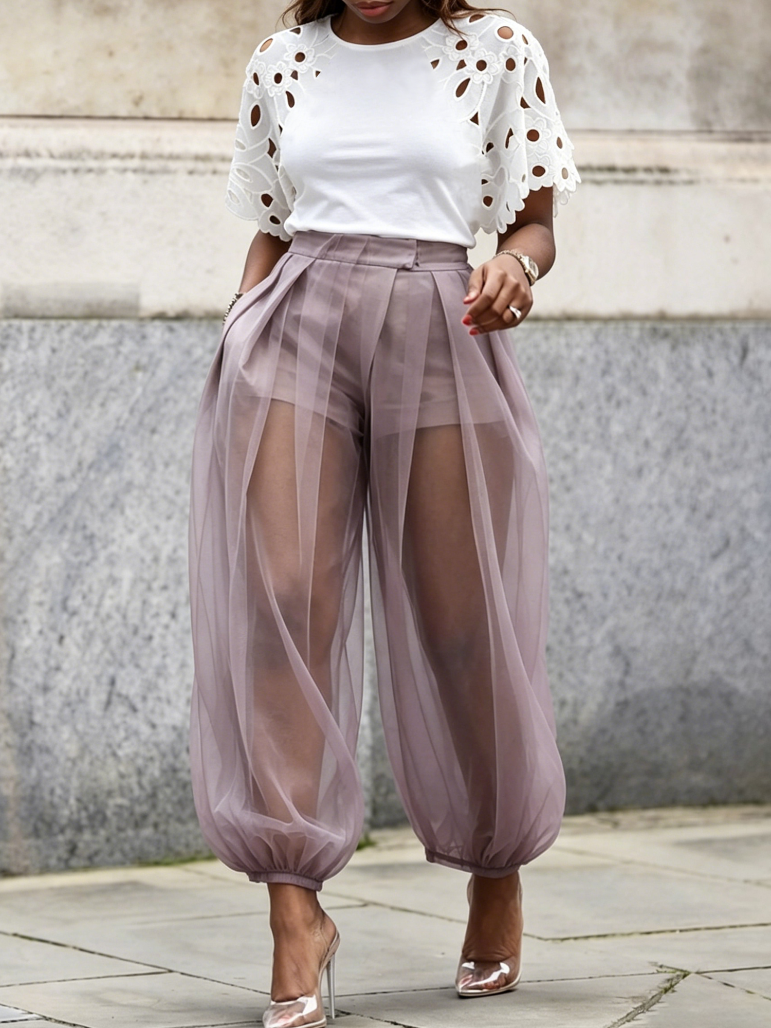 High-waist sheer mesh balloon wide-leg pants - detail