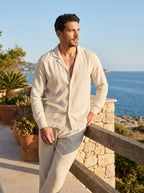 Model in oatmeal linen shirt