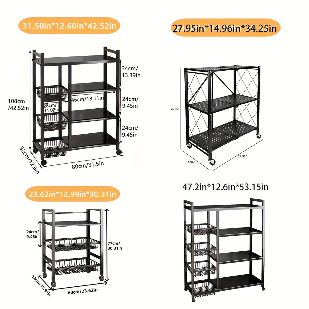 4-Tier Rolling Storage Rack — Metal Shelf with Wire Baskets & Wheels