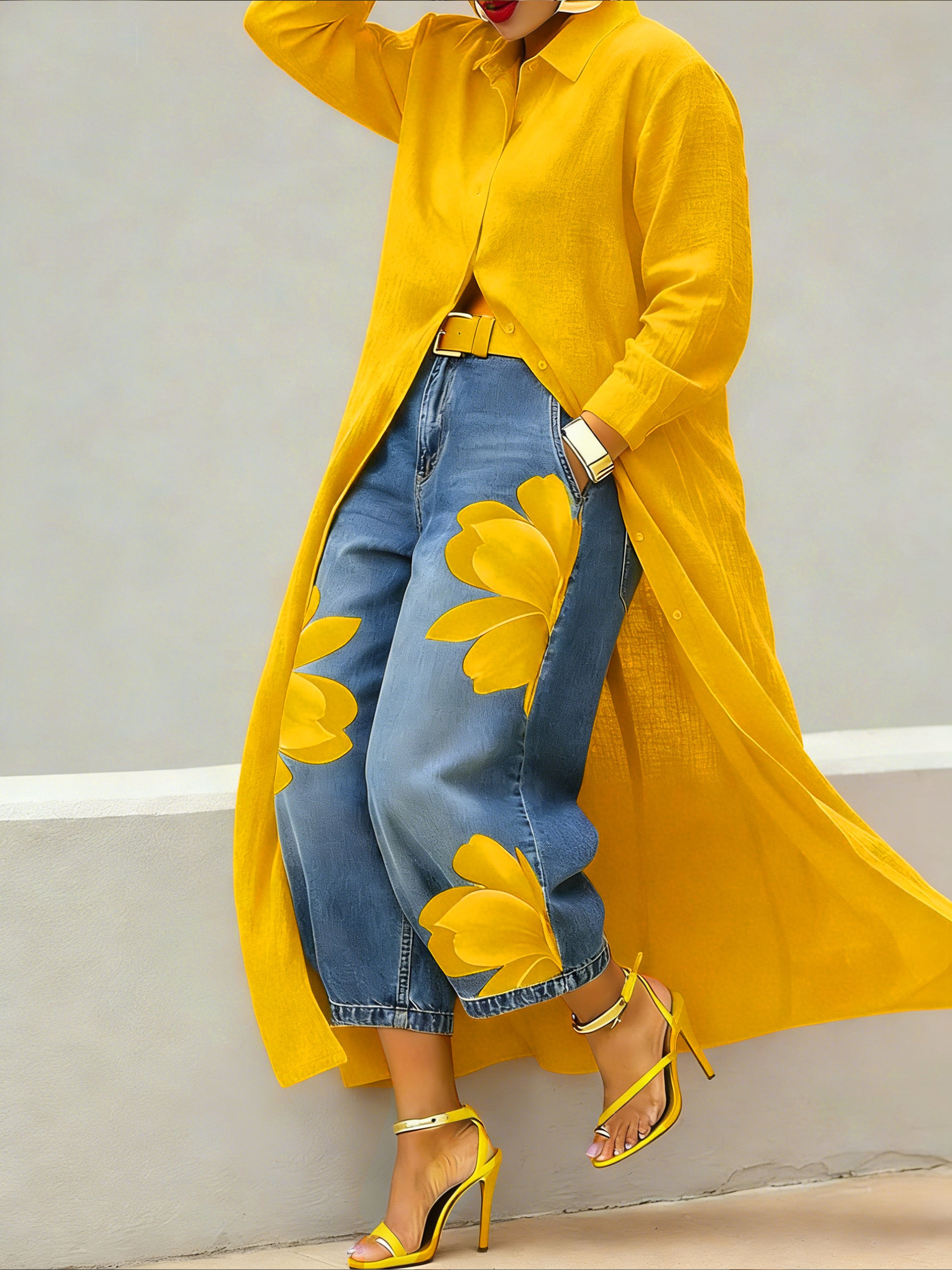 Floral-print wide-leg jeans detail