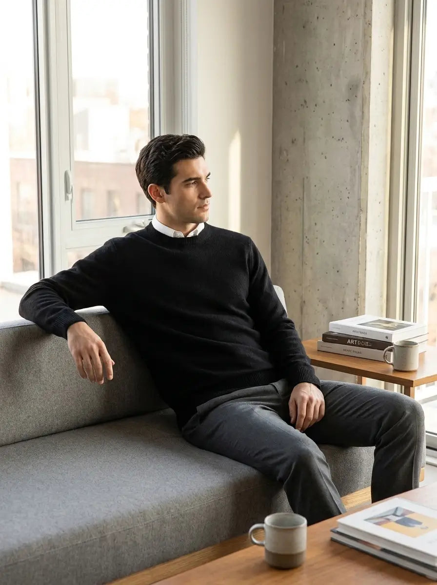 Male model wearing the men's cashmere classic knit sweater
