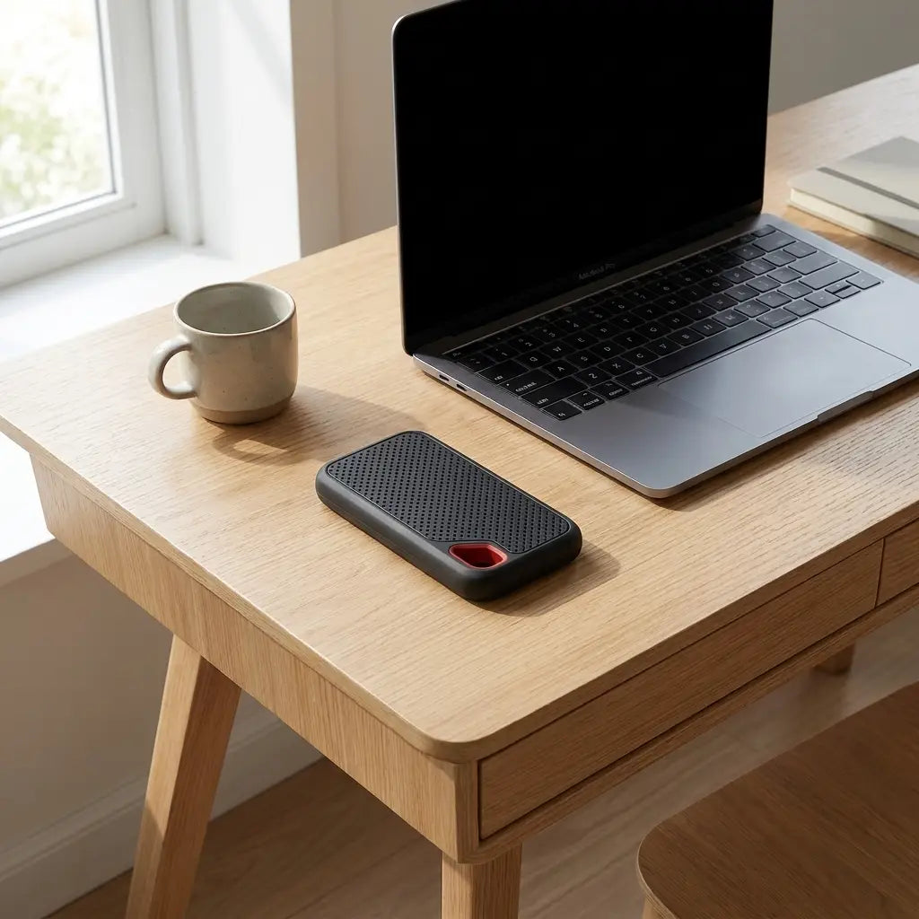Portable SSD on desk beside laptop