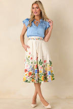 Women's A Beautiful Arrangement Ivory Multi Floral Cotton Midi Skirt | 98% Cotton & 2% Spandex Contrast: 98% Cotton & 2% 5