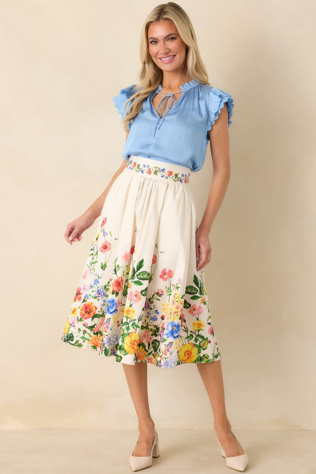Women's A Beautiful Arrangement Ivory Multi Floral Cotton Midi Skirt | 98% Cotton & 2% Spandex Contrast: 98% Cotton & 2% 6