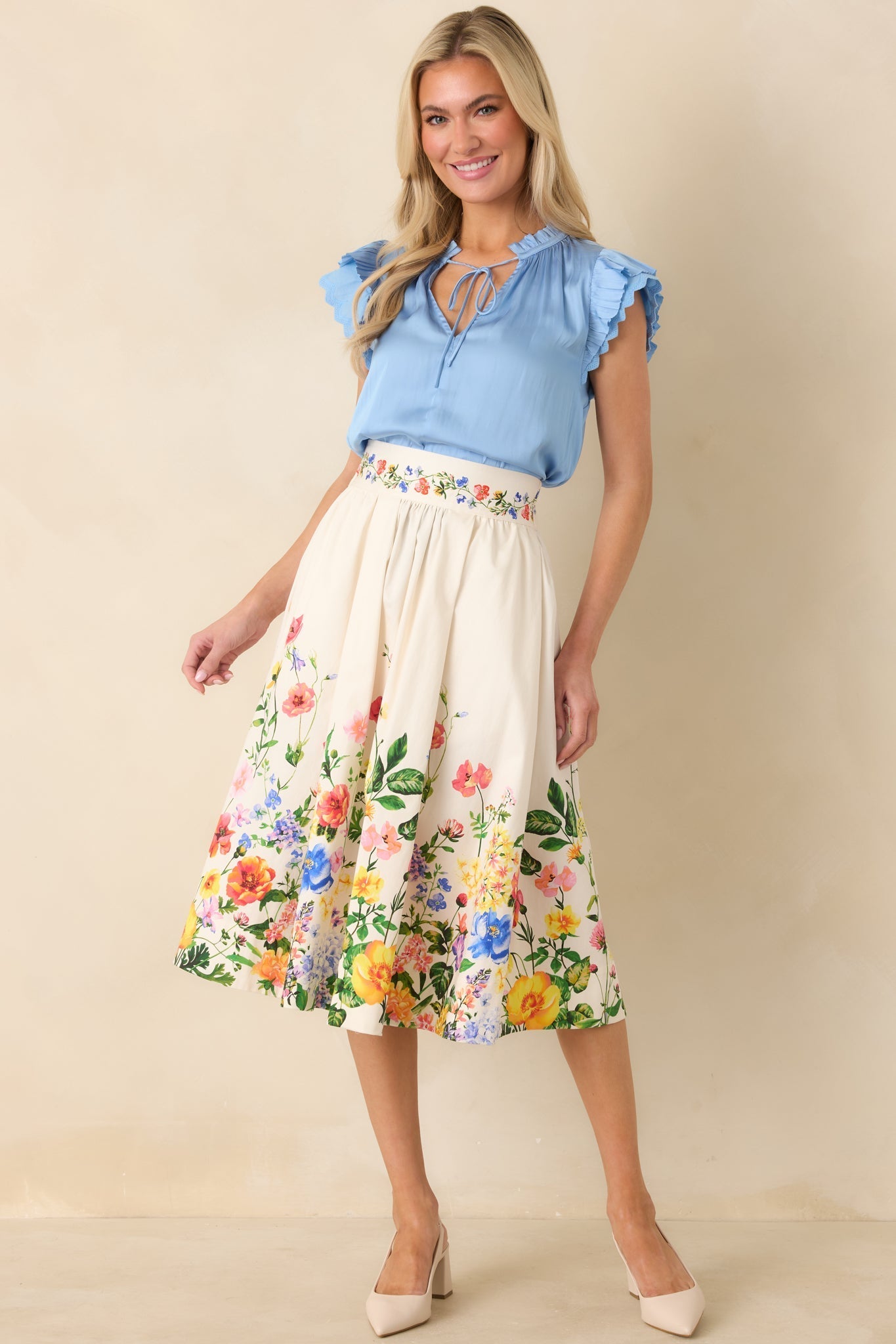 Women's A Beautiful Arrangement Ivory Multi Floral Cotton Midi Skirt | 98% Cotton & 2% Spandex Contrast: 98% Cotton & 2% 6