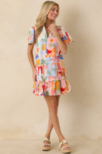 Women's A Place in The Sun Orange & Pink Multi Cotton V-Neck Mini Dress | 100% Cotton 4