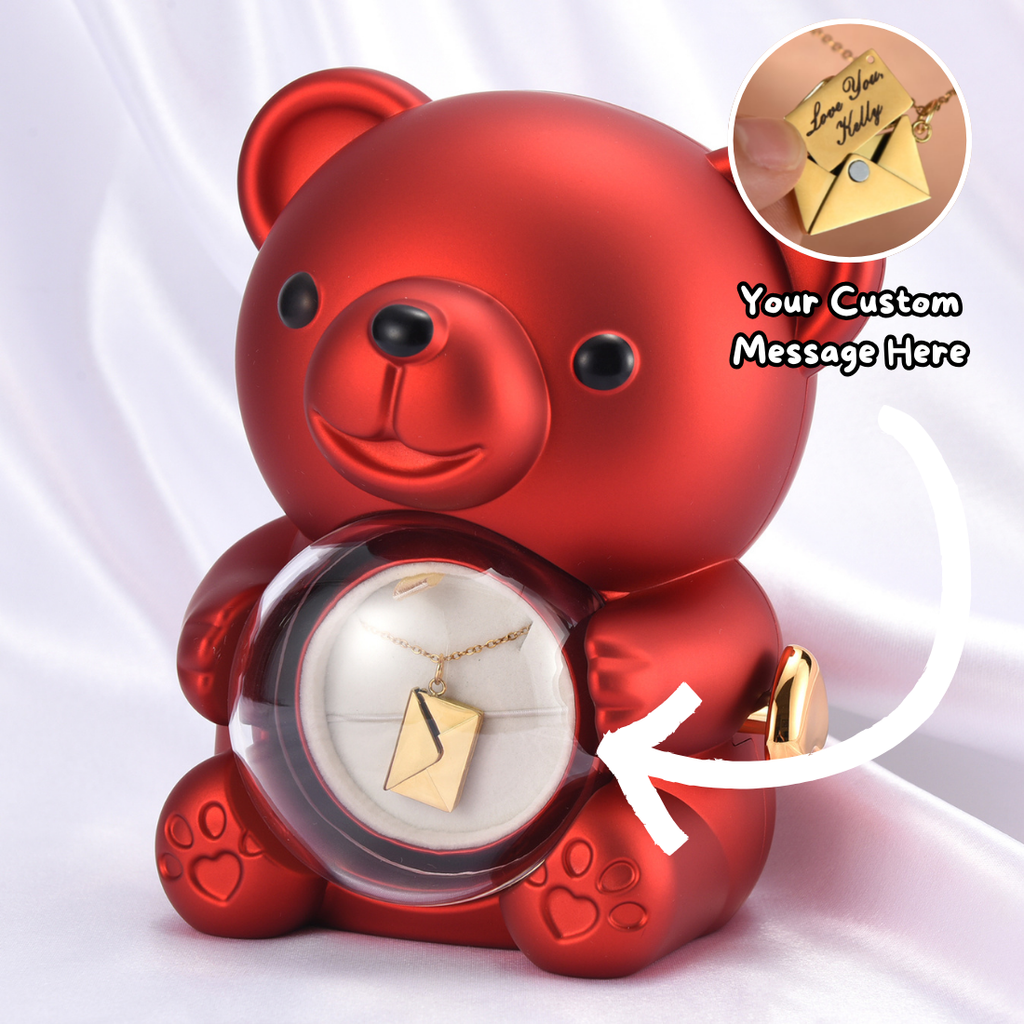 Personalized love letter necklace with teddy bear gift box