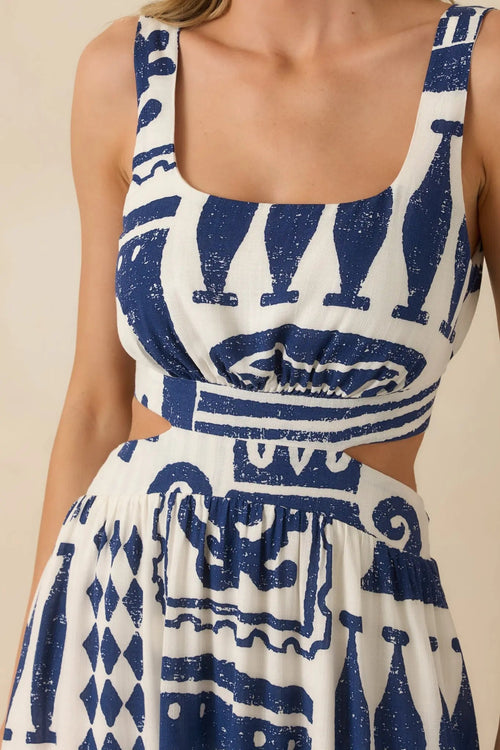 Women's Aegean Dreams Navy & White Mediterranean Cut-Out Tie-Back Maxi Dress | 100% Rayon 1