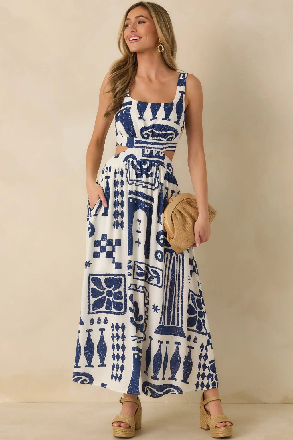 Women's Aegean Dreams Navy & White Mediterranean Cut-Out Tie-Back Maxi Dress | 100% Rayon 2