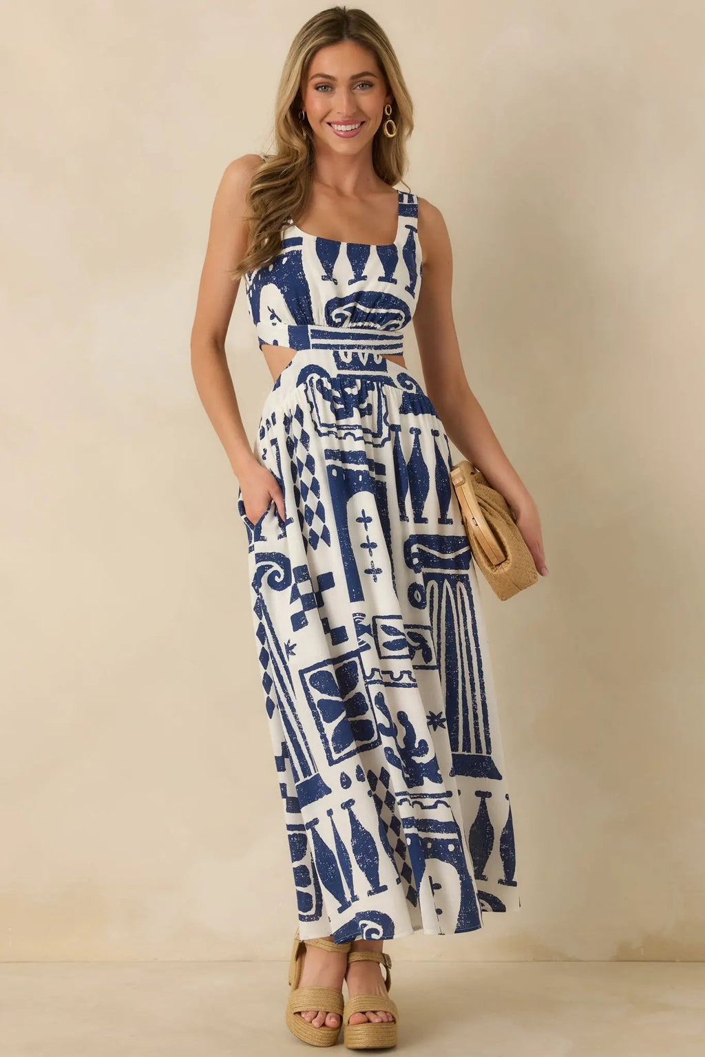Women's Aegean Dreams Navy & White Mediterranean Cut-Out Tie-Back Maxi Dress | 100% Rayon 3