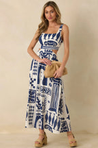 Women's Aegean Dreams Navy & White Mediterranean Cut-Out Tie-Back Maxi Dress | 100% Rayon 4