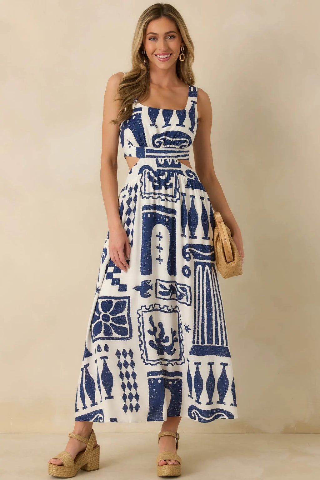 Women's Aegean Dreams Navy & White Mediterranean Cut-Out Tie-Back Maxi Dress | 100% Rayon 5