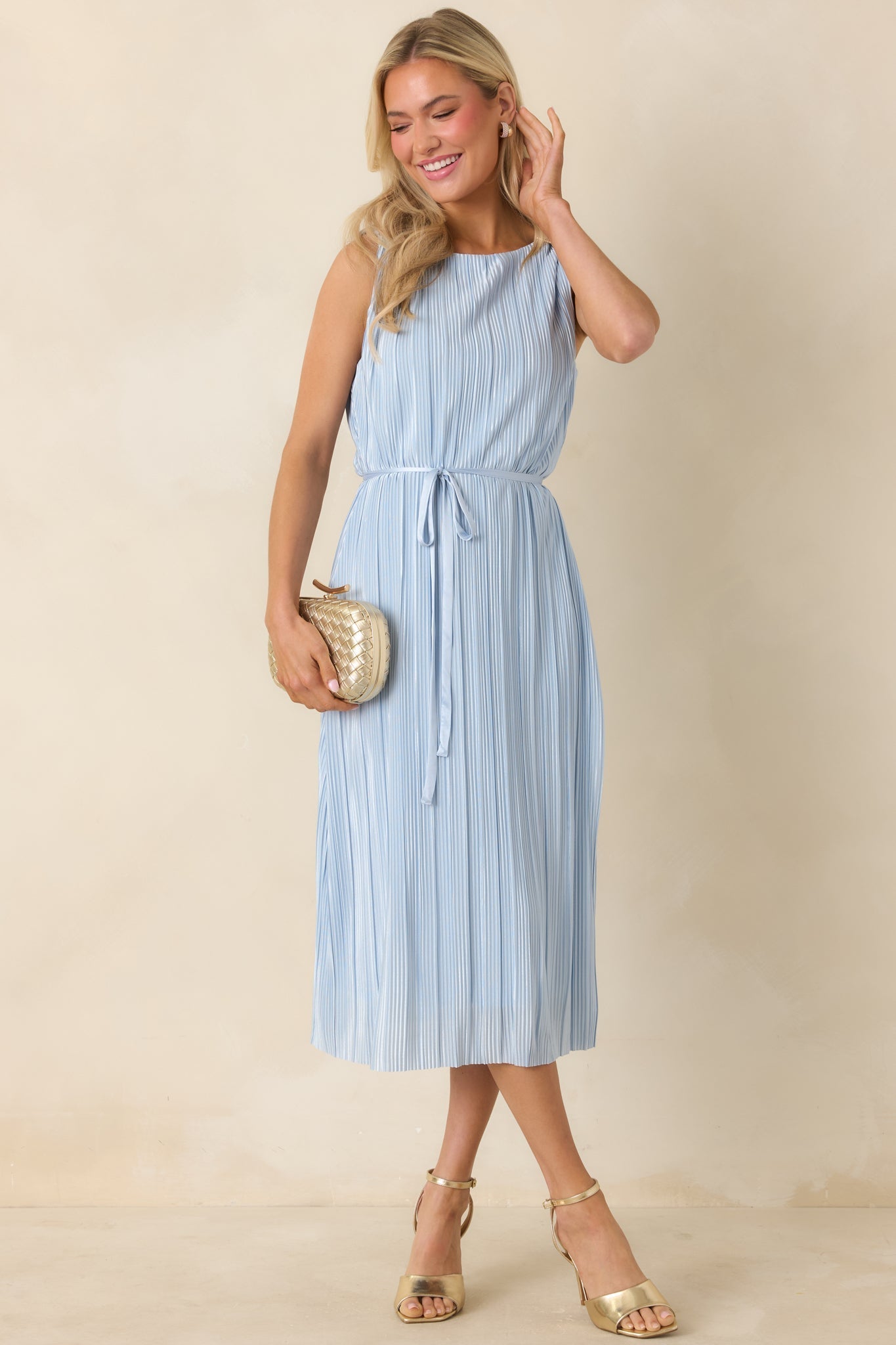 Women's Afterglow Light Blue Pleated Midi Dress | 95% Polyester & 5% Spandex 0