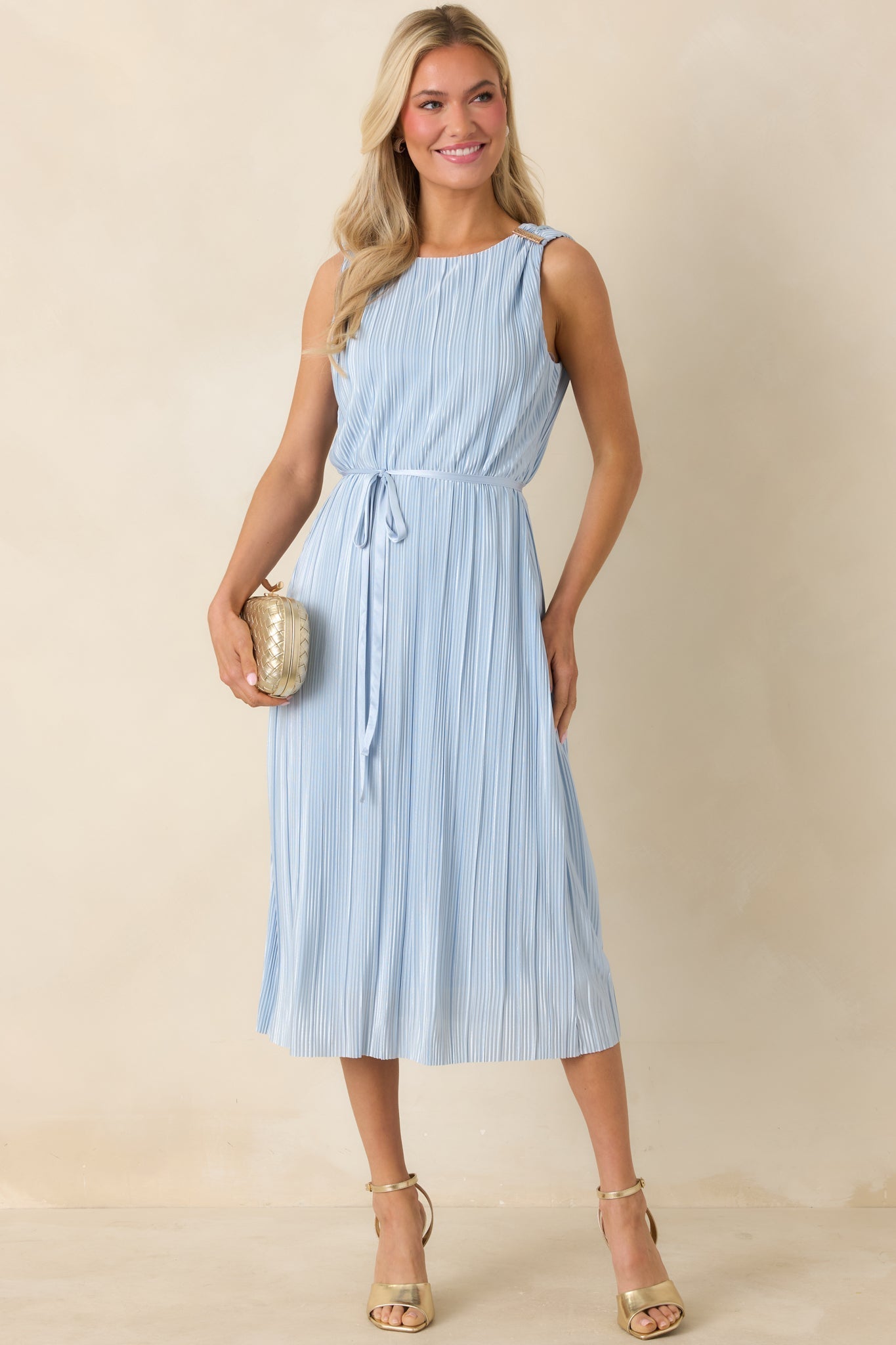 Women's Afterglow Light Blue Pleated Midi Dress | 95% Polyester & 5% Spandex 2