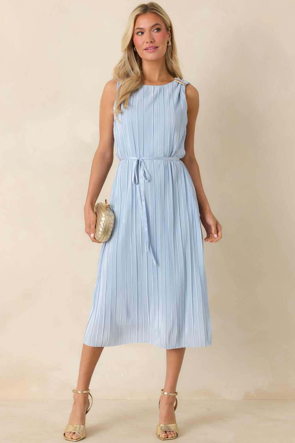 Women's Afterglow Light Blue Pleated Midi Dress | 95% Polyester & 5% Spandex 3