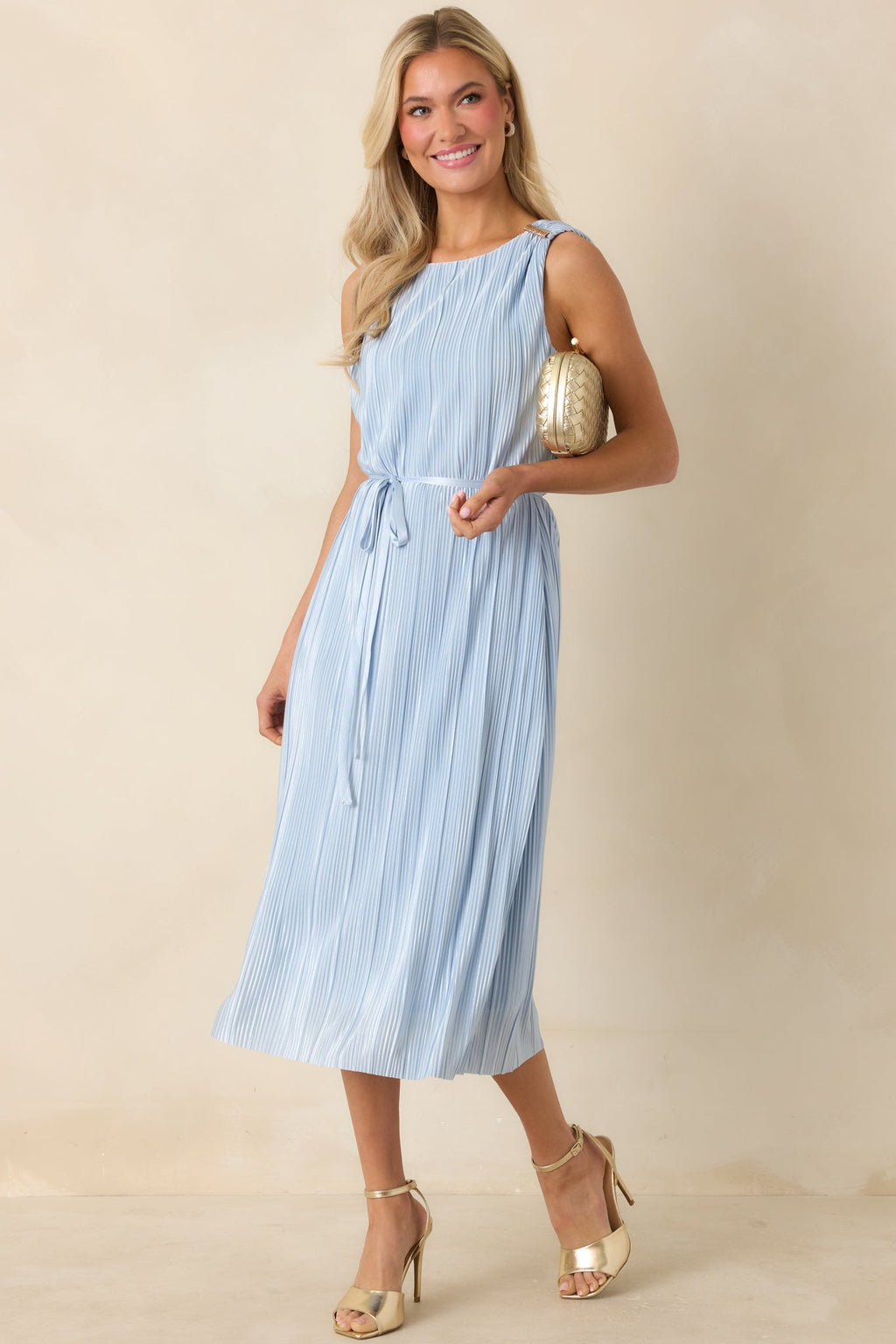 Women's Afterglow Light Blue Pleated Midi Dress | 95% Polyester & 5% Spandex 4