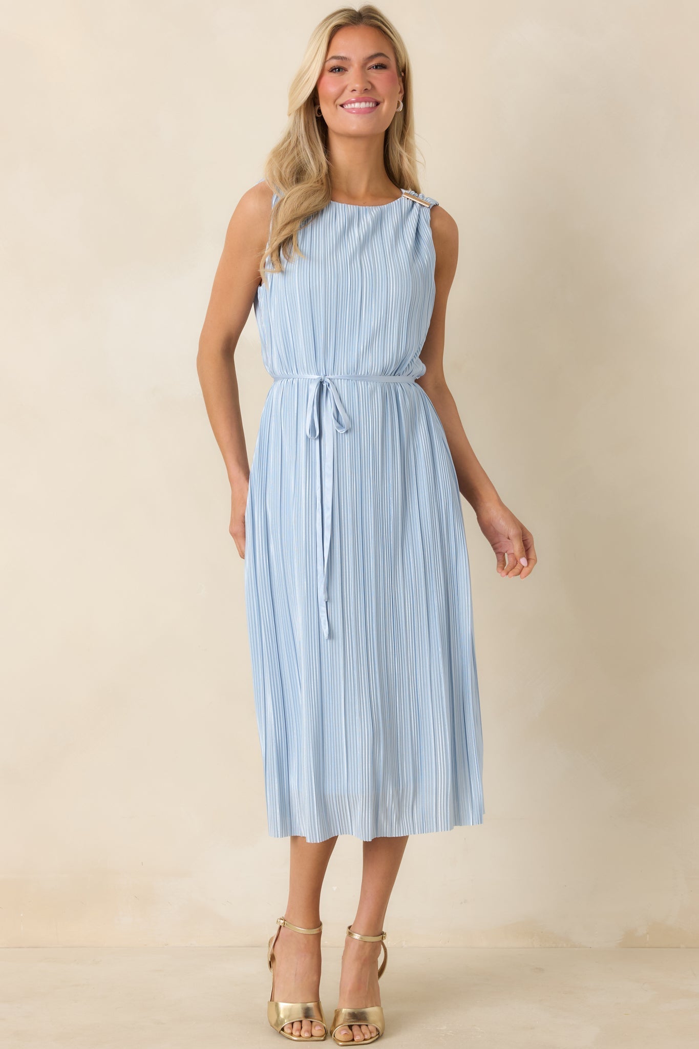 Women's Afterglow Light Blue Pleated Midi Dress | 95% Polyester & 5% Spandex 5
