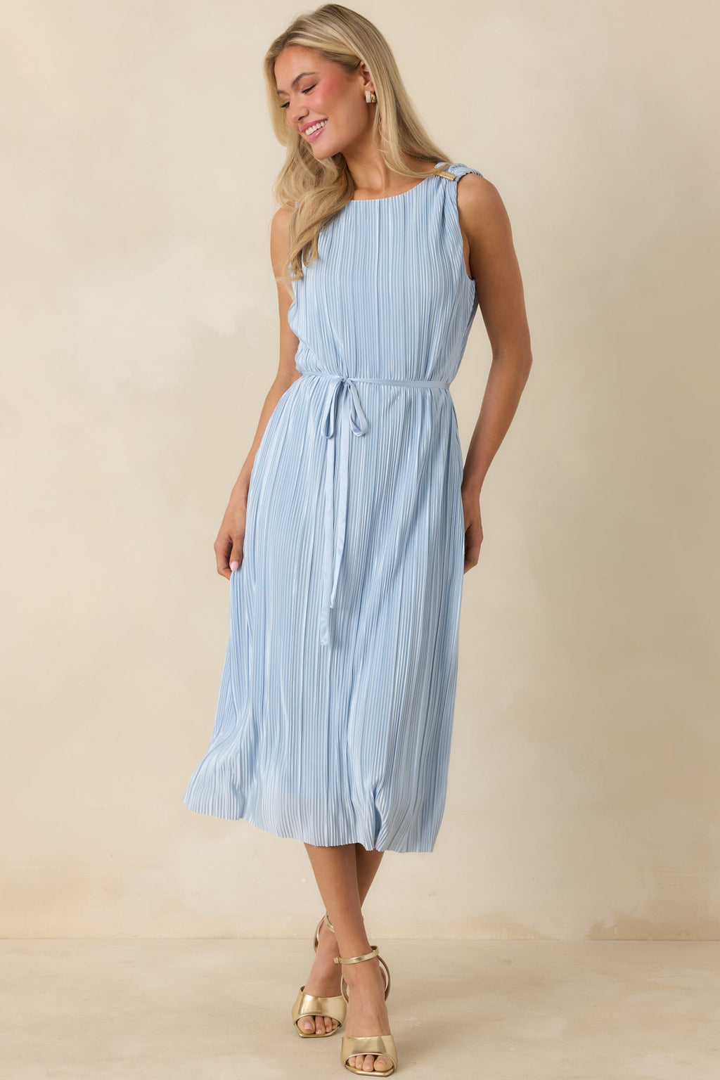 Women's Afterglow Light Blue Pleated Midi Dress | 95% Polyester & 5% Spandex 6