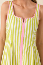 Women's All Smiles Green & Pink Stripe Cotton Midi Dress | 100% Cotton Contrast: 65% Polyester & 35% Cotton 1
