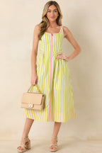 Women's All Smiles Green & Pink Stripe Cotton Midi Dress | 100% Cotton Contrast: 65% Polyester & 35% Cotton 2