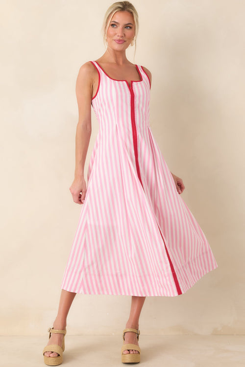 Women's All Smiles Pink & White Stripe Midi Dress | 100% Cotton Contrast: 65% Polyester & 35% Cotton 1