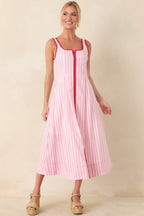 Women's All Smiles Pink & White Stripe Midi Dress | 100% Cotton Contrast: 65% Polyester & 35% Cotton 4