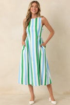 Women's All the Energy Blue Multi Stripe Cotton Sleeveless Midi Dress | 97% Cotton & 3% Spandex 3
