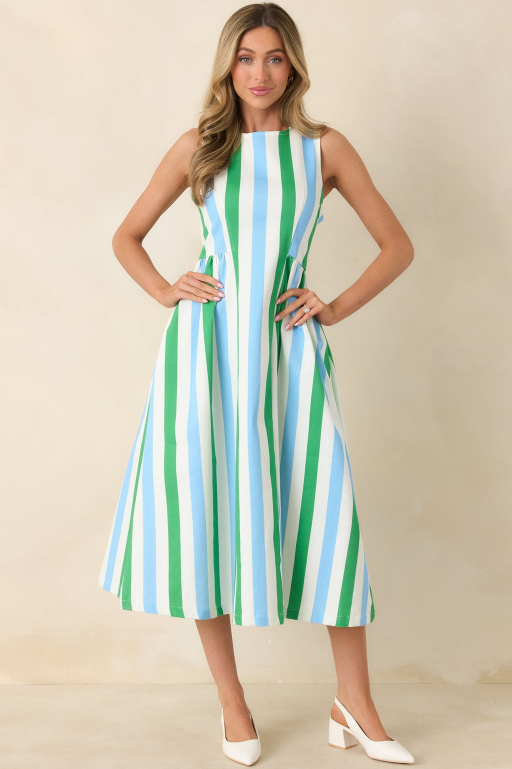 Women's All the Energy Blue Multi Stripe Cotton Sleeveless Midi Dress | 97% Cotton & 3% Spandex 4