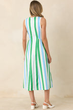 Women's All the Energy Blue Multi Stripe Cotton Sleeveless Midi Dress | 97% Cotton & 3% Spandex 5