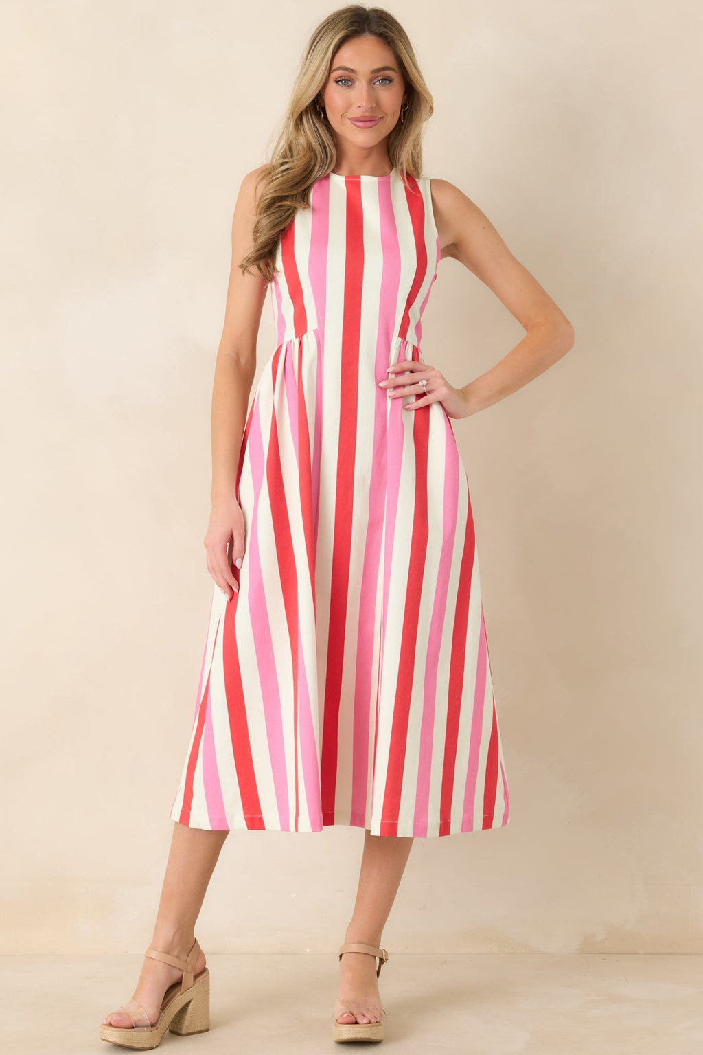 Women's All the Energy Pink Multi Stripe Cotton Sleeveless Midi Dress | 97% Cotton & 3% Spandex 4
