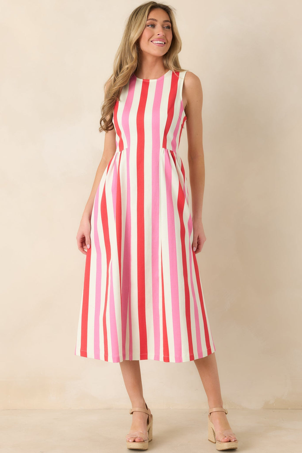 Women's All the Energy Pink Multi Stripe Cotton Sleeveless Midi Dress | 97% Cotton & 3% Spandex 5