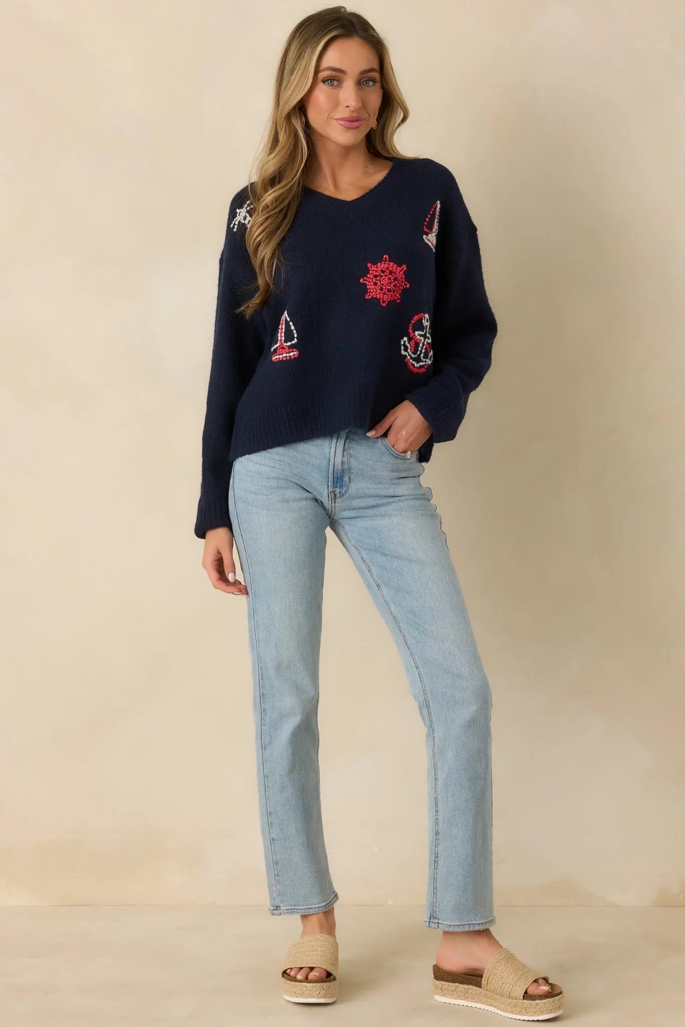 Women's Anchored in Style Navy Multi Knit Nautical V-Neck Sweater | 76% Polyester 3